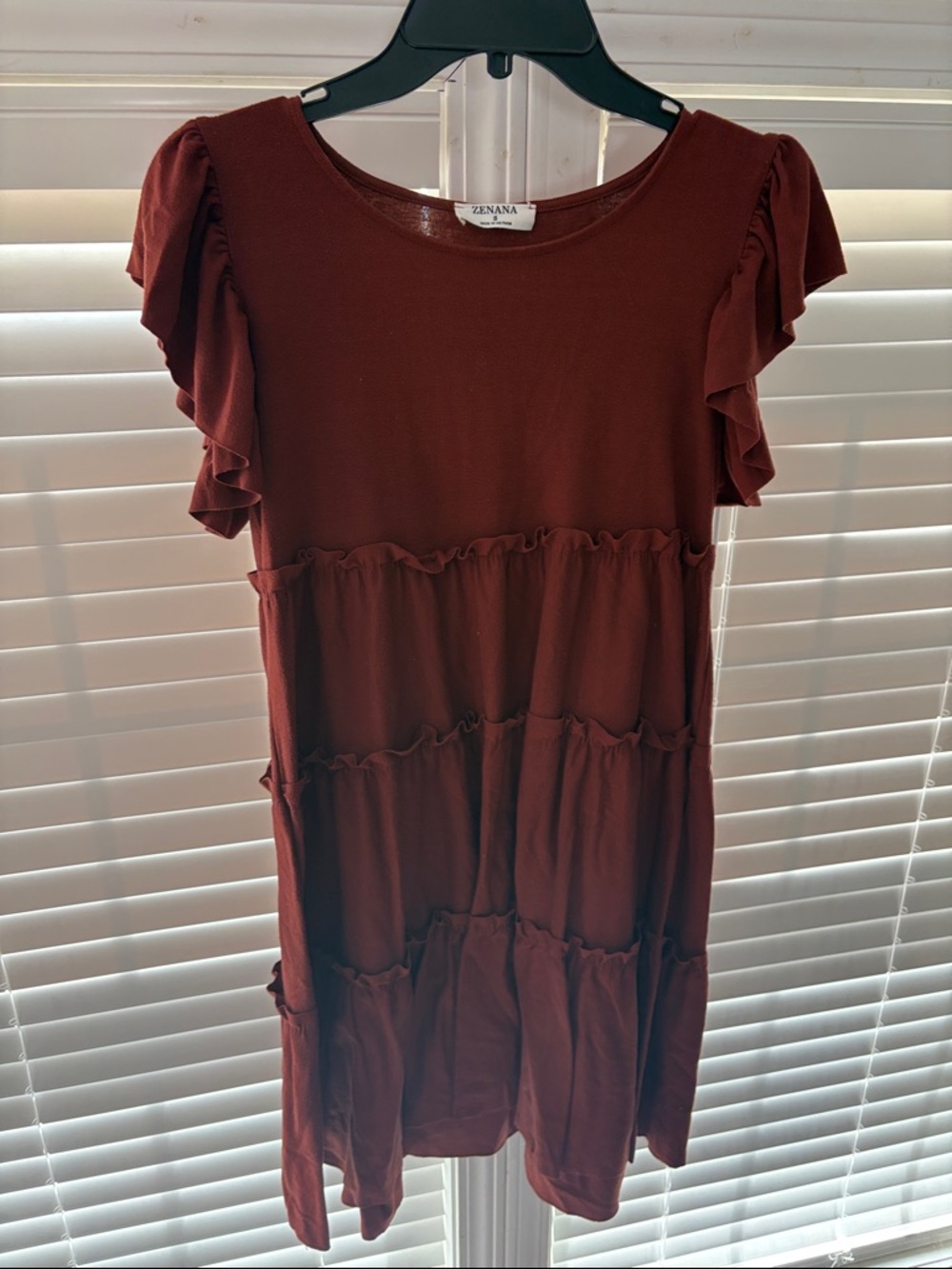Zenana Outfitters Rust Red Tiered Ruffle Sleeve Dress